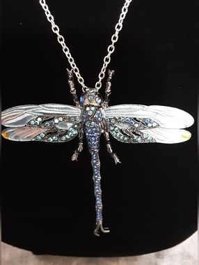 Handmade Enamel And Rhinestone Dragonfly Necklace Blues Green N.W.T.